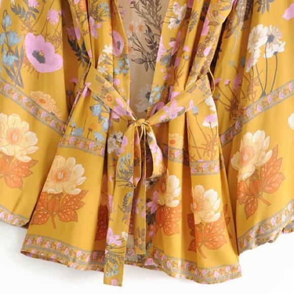 SOLD OUT Vintage Golden Floral Boho Kimono Robe Wrap Top - Picture 8 of 8